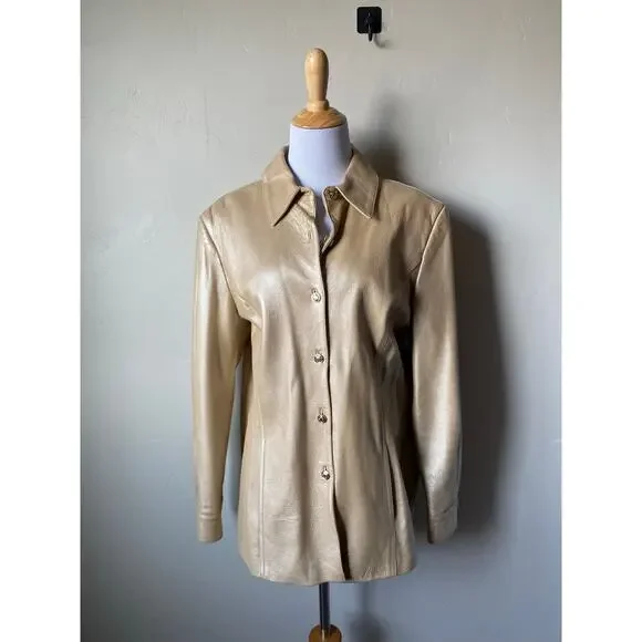 St. John Sport Button Up Gold Metallic 100% Italian Leather Jacket- Size Large